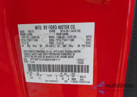 2011 Ford F-150 Xl from USA, damaged, VIN 1FTMF1CF5BKD98111